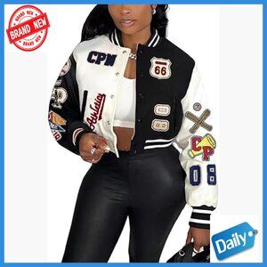 Cropped Bomber Leather Jacket with Patches Print, S-XXL